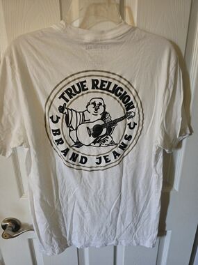True Religion White Graphic Tee with Buddha Logo Mens Large